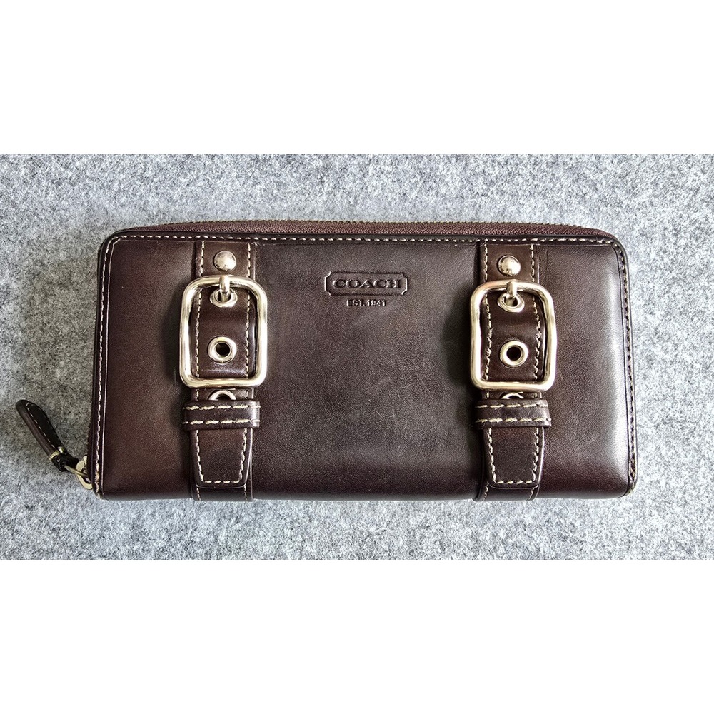 Coach Y2K Zoe Double Buckle Zip Around Accordion Wallet, mahogany & nickel VGUC